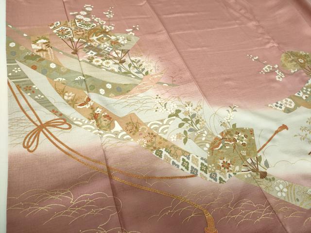 平和屋着物●訪問着　扇面鳳凰花文　暈し染め　金彩　正絹　逸品　DABH9479ps