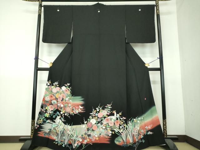 平和屋着物●豪華黒留袖　作家物　駒刺繍　尾長鳥花文　暈し染め　金彩　正絹　逸品　未使用　DABH9485ps