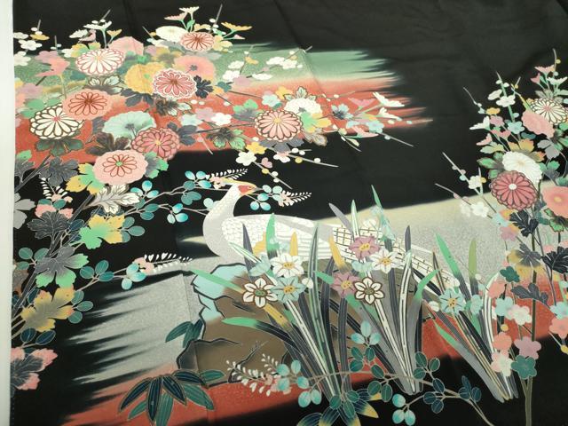 平和屋着物●豪華黒留袖　作家物　駒刺繍　尾長鳥花文　暈し染め　金彩　正絹　逸品　未使用　DABH9485ps