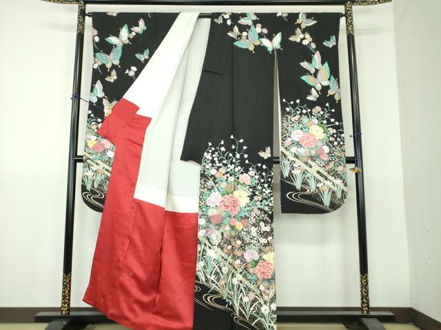 平和屋着物●英王室献上友禅作家　木下勝功　振袖　刺繍　舞蝶花車文　黒地　金銀彩　金通し地　正絹　逸品　DABH9504ps