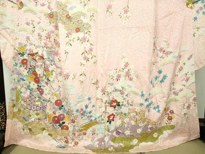 平和屋着物●豪華振袖　枝垂れ桜　御所車花文　金彩　正絹　逸品　DABH9508ps