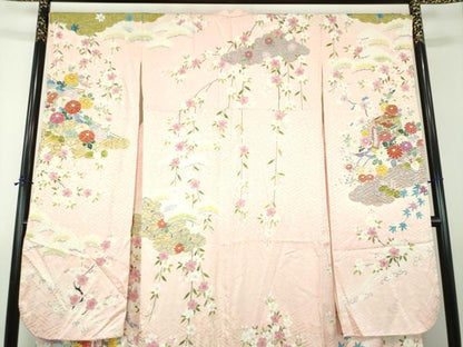 平和屋着物●豪華振袖　枝垂れ桜　御所車花文　金彩　正絹　逸品　DABH9508ps