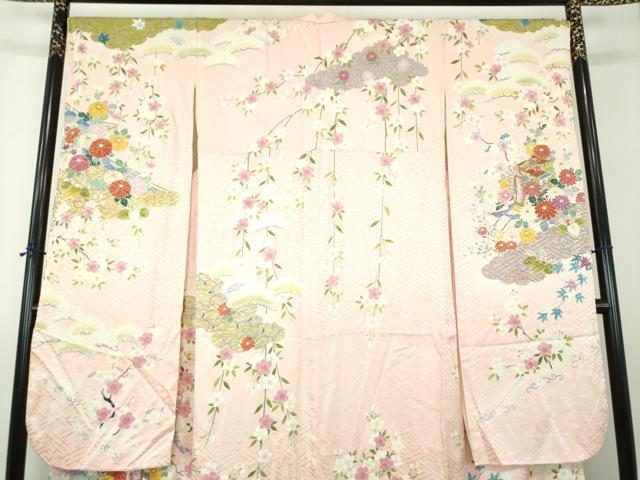 平和屋着物●豪華振袖　枝垂れ桜　御所車花文　金彩　正絹　逸品　DABH9508ps
