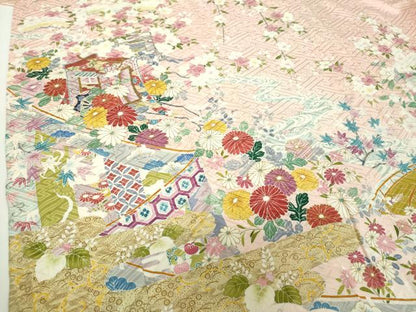 平和屋着物●豪華振袖　枝垂れ桜　御所車花文　金彩　正絹　逸品　DABH9508ps