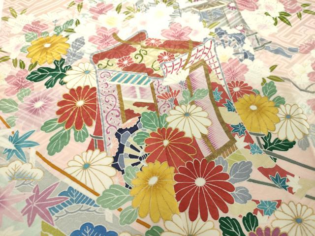 平和屋着物●豪華振袖　枝垂れ桜　御所車花文　金彩　正絹　逸品　DABH9508ps