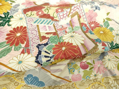 平和屋着物●豪華振袖　枝垂れ桜　御所車花文　金彩　正絹　逸品　DABH9508ps