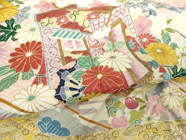 平和屋着物●豪華振袖　枝垂れ桜　御所車花文　金彩　正絹　逸品　DABH9508ps