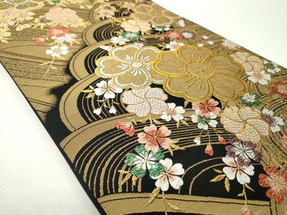 平和屋着物▼六通柄袋帯　唐織　友舞錦　流水桜　黒地　金銀糸　正絹　逸品　DABH9518ps