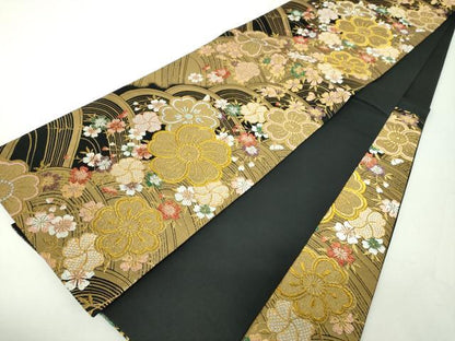 平和屋着物▼六通柄袋帯　唐織　友舞錦　流水桜　黒地　金銀糸　正絹　逸品　DABH9518ps