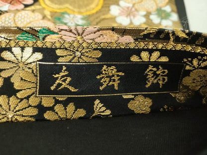 平和屋着物▼六通柄袋帯　唐織　友舞錦　流水桜　黒地　金銀糸　正絹　逸品　DABH9518ps