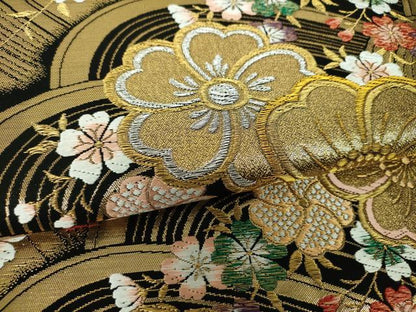 平和屋着物▼六通柄袋帯　唐織　友舞錦　流水桜　黒地　金銀糸　正絹　逸品　DABH9518ps