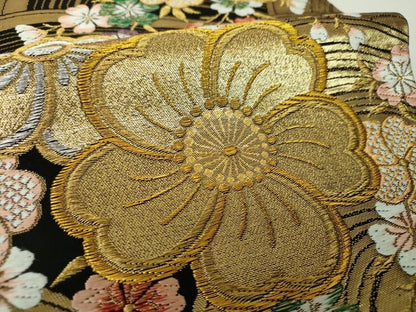 平和屋着物▼六通柄袋帯　唐織　友舞錦　流水桜　黒地　金銀糸　正絹　逸品　DABH9518ps
