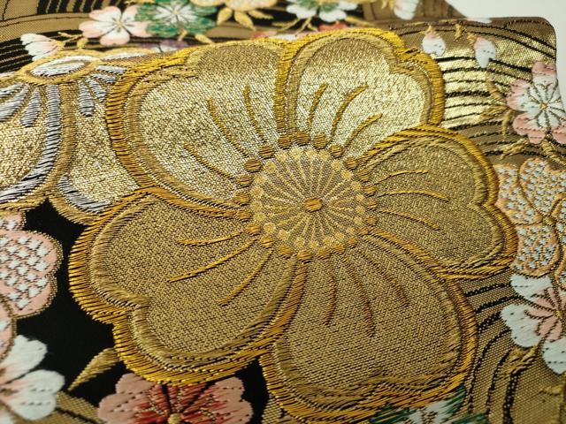 平和屋着物▼六通柄袋帯　唐織　友舞錦　流水桜　黒地　金銀糸　正絹　逸品　DABH9518ps