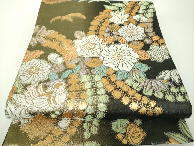 平和屋着物▼六通柄袋帯　ふくれ織　辻が花　鴛鴦　金銀糸　正絹　逸品　DABH9519ps