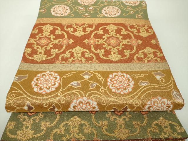 平和屋着物▼綴れ　六通柄　本袋帯　横段花文　金糸　正絹　逸品　DABH9521ps
