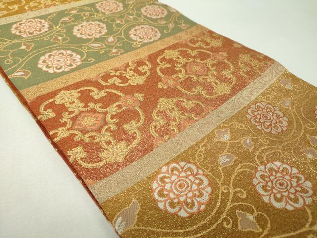 平和屋着物▼綴れ　六通柄　本袋帯　横段花文　金糸　正絹　逸品　DABH9521ps