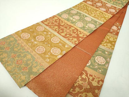 平和屋着物▼綴れ　六通柄　本袋帯　横段花文　金糸　正絹　逸品　DABH9521ps