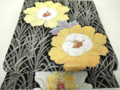 平和屋着物▼六通柄袋帯　牡丹文　黒地　金銀糸　正絹　逸品　DABH9541ps