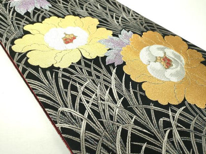 平和屋着物▼六通柄袋帯　牡丹文　黒地　金銀糸　正絹　逸品　DABH9541ps