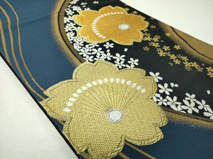 平和屋着物▼六通柄袋帯　舞桜　黒地　金銀糸　正絹　逸品　DABH9542ps