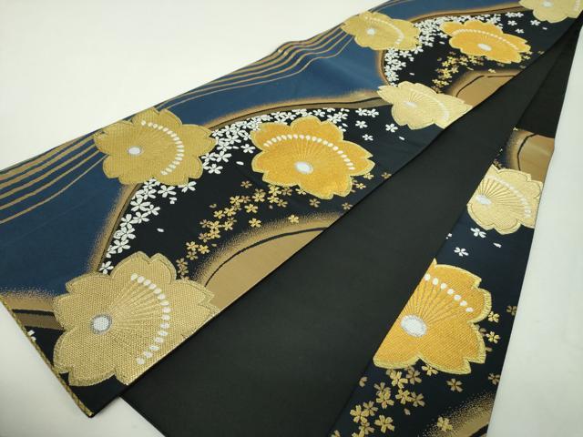 平和屋着物▼六通柄袋帯　舞桜　黒地　金銀糸　正絹　逸品　DABH9542ps