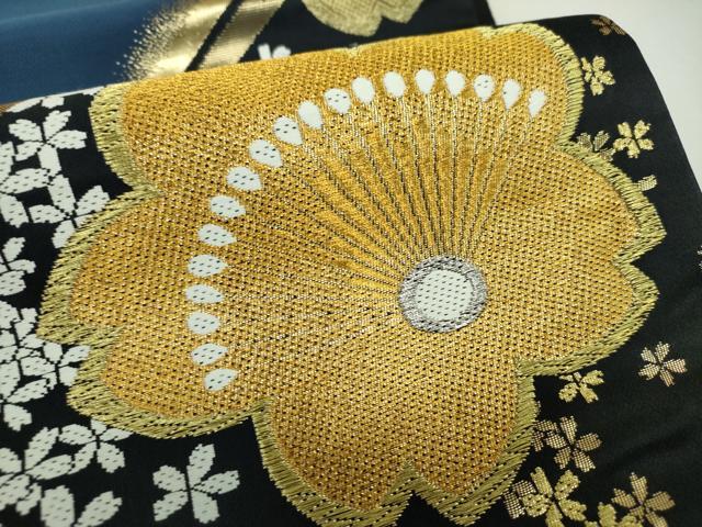 平和屋着物▼六通柄袋帯　舞桜　黒地　金銀糸　正絹　逸品　DABH9542ps