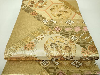 平和屋着物▼佐賀錦　六通柄袋帯　花鳥文　金糸　正絹　逸品　未使用　DABH9546ps