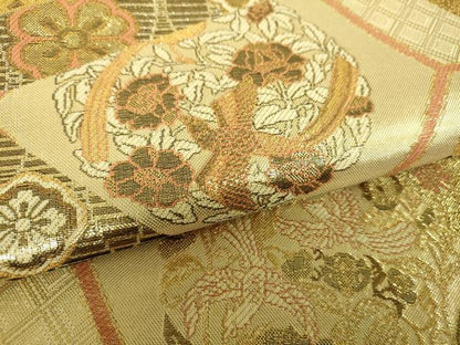 平和屋着物▼佐賀錦　六通柄袋帯　花鳥文　金糸　正絹　逸品　未使用　DABH9546ps