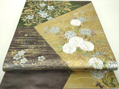 平和屋着物▼六通柄袋帯　刺繍　吉祥花文　金銀彩　正絹　逸品　DABH9550ps