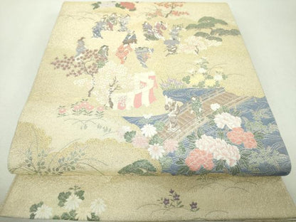 平和屋着物▼両面　六通柄袋帯　寿光織　渡橋人物風景花文　金糸　正絹　逸品　未使用　DABH9553ps