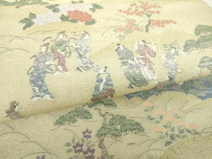 平和屋着物▼両面　六通柄袋帯　寿光織　渡橋人物風景花文　金糸　正絹　逸品　未使用　DABH9553ps