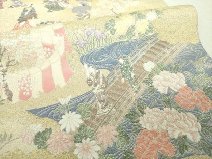 平和屋着物▼両面　六通柄袋帯　寿光織　渡橋人物風景花文　金糸　正絹　逸品　未使用　DABH9553ps
