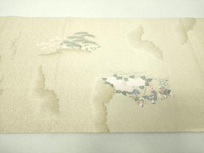 平和屋着物▼両面　六通柄袋帯　寿光織　渡橋人物風景花文　金糸　正絹　逸品　未使用　DABH9553ps