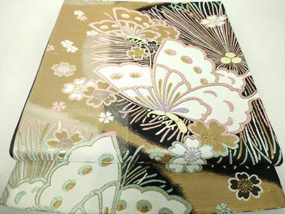 平和屋着物▼全通柄袋帯　舞蝶桜　金糸　正絹　逸品　DABH9554ps
