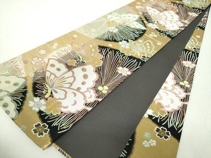 平和屋着物▼全通柄袋帯　舞蝶桜　金糸　正絹　逸品　DABH9554ps