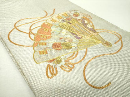 平和屋着物▼太鼓柄袋帯　駒刺繍　総刺繍　檜扇御所車花文　金銀糸　正絹　逸品　DABH9563ps