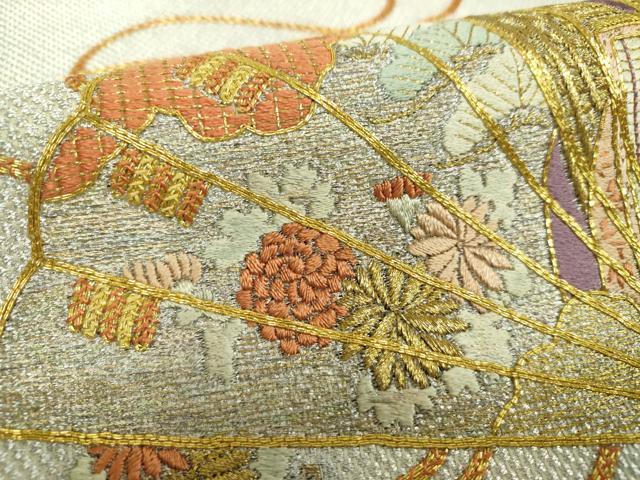 平和屋着物▼太鼓柄袋帯　駒刺繍　総刺繍　檜扇御所車花文　金銀糸　正絹　逸品　DABH9563ps