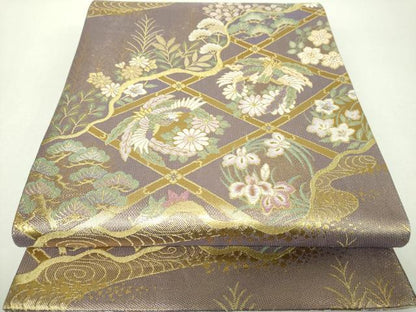 平和屋着物▼六通柄袋帯　格天井鳳凰花文　金糸　正絹　逸品　DABH9564ps