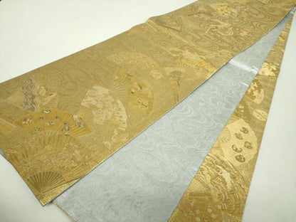 平和屋着物▼両面　全景全通柄袋帯　扇面飛鶴花文　金糸　正絹　逸品　DABH9565ps