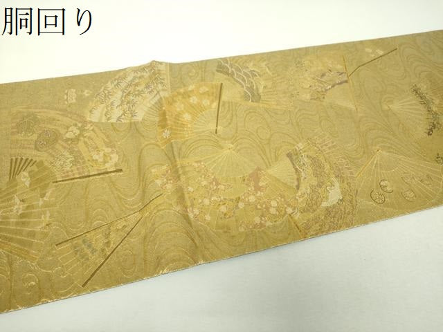 平和屋着物▼両面　全景全通柄袋帯　扇面飛鶴花文　金糸　正絹　逸品　DABH9565ps