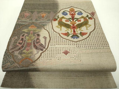 平和屋着物●中国三大刺繍　スワトウ相良刺繍　汕頭相良刺繍　総刺繍　太鼓柄袋帯　紬地　鳥獣花文　正絹　逸品　未使用　DABH9571ps