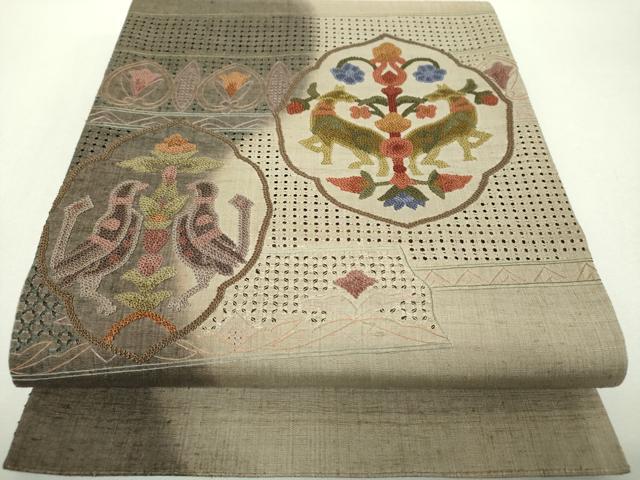 平和屋着物●中国三大刺繍　スワトウ相良刺繍　汕頭相良刺繍　総刺繍　太鼓柄袋帯　紬地　鳥獣花文　正絹　逸品　未使用　DABH9571ps