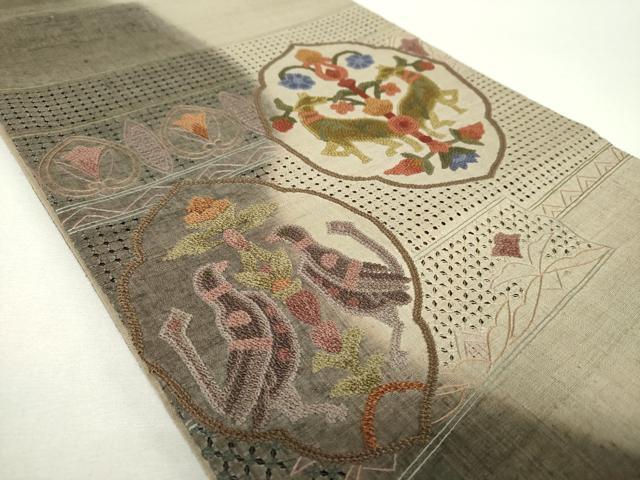平和屋着物●中国三大刺繍　スワトウ相良刺繍　汕頭相良刺繍　総刺繍　太鼓柄袋帯　紬地　鳥獣花文　正絹　逸品　未使用　DABH9571ps
