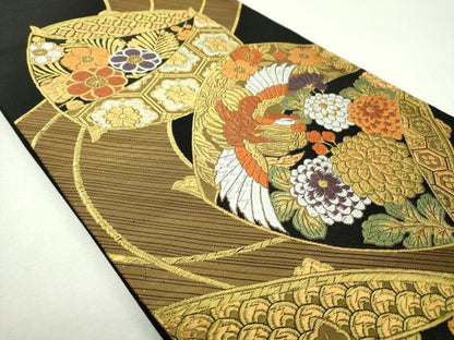 平和屋着物▼六通柄袋帯　唐織　花鳥糸車文　黒地　金糸　正絹　逸品　DABH9575ps