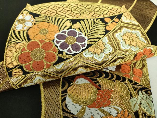 平和屋着物▼六通柄袋帯　唐織　花鳥糸車文　黒地　金糸　正絹　逸品　DABH9575ps