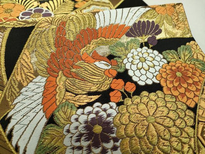 平和屋着物▼六通柄袋帯　唐織　花鳥糸車文　黒地　金糸　正絹　逸品　DABH9575ps