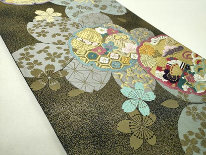 平和屋着物▼六通柄袋帯　唐織　舞桜　雪輪花手毬　金糸　さが美扱い　正絹　逸品　DABH9577ps