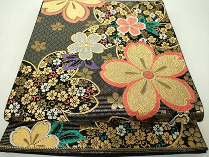 平和屋着物▼六通柄袋帯　舞桜　黒地　金銀糸　正絹　逸品　DABH9579ps