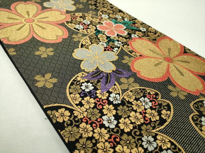 平和屋着物▼六通柄袋帯　舞桜　黒地　金銀糸　正絹　逸品　DABH9579ps