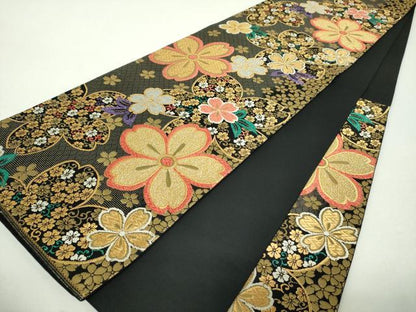 平和屋着物▼六通柄袋帯　舞桜　黒地　金銀糸　正絹　逸品　DABH9579ps